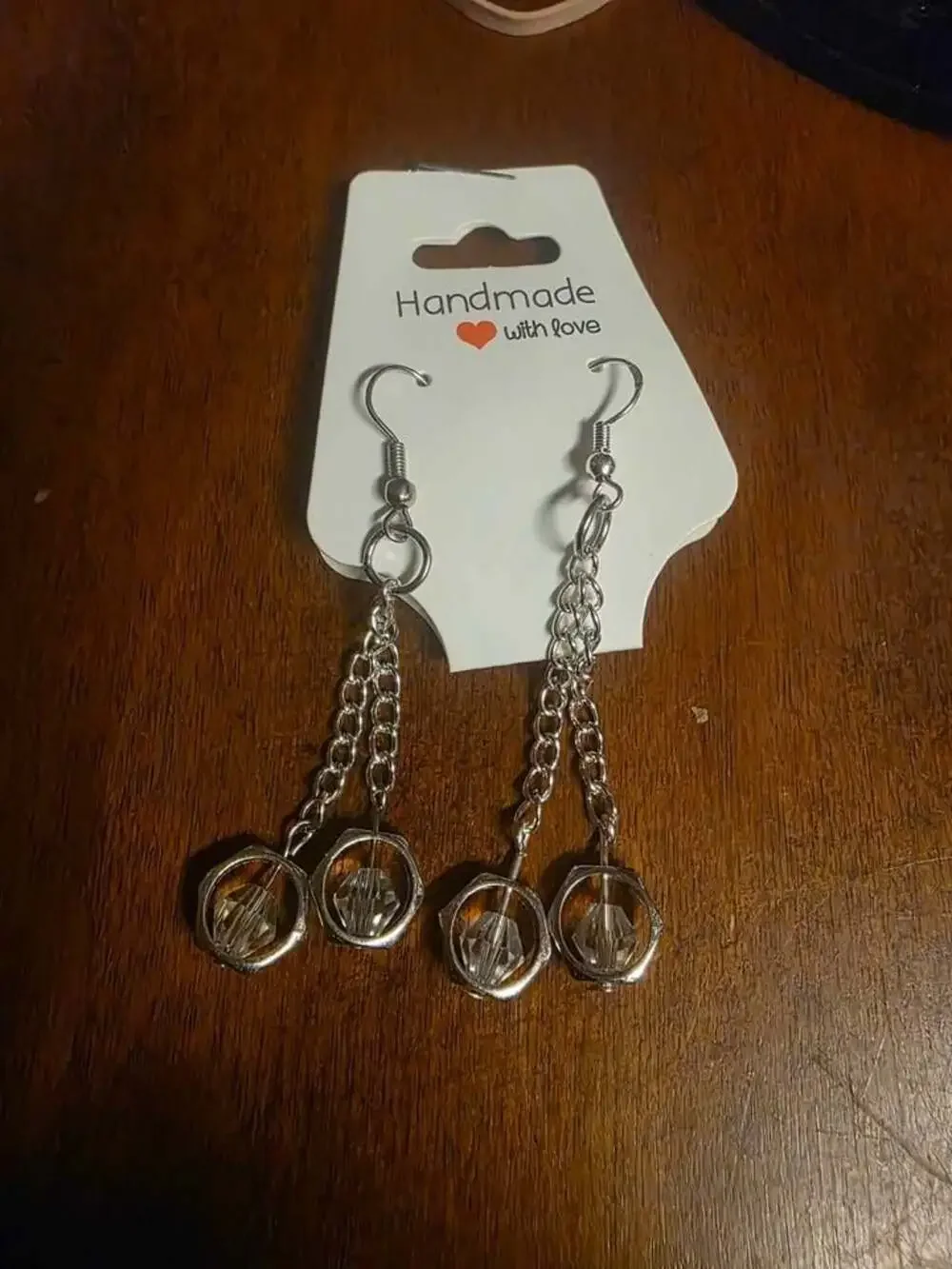 Handmade Silver Chain Dangle Earrings with Crystals
